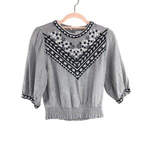 Zara Gray and Black Embroidered Cropped Blouse